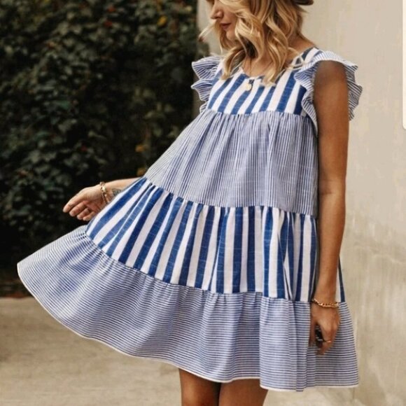 Hampton Vertical Blue Striped Babydoll Dress - Picture 5 of 12